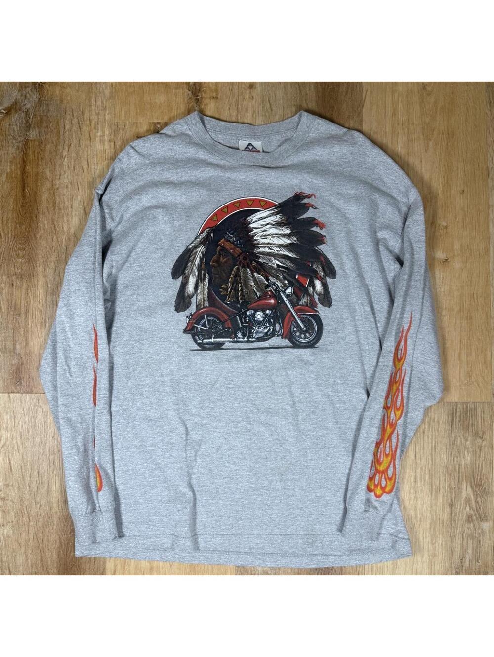 90s Native American Graphic Grey Long-Sleeve T-Shirt – Size XL